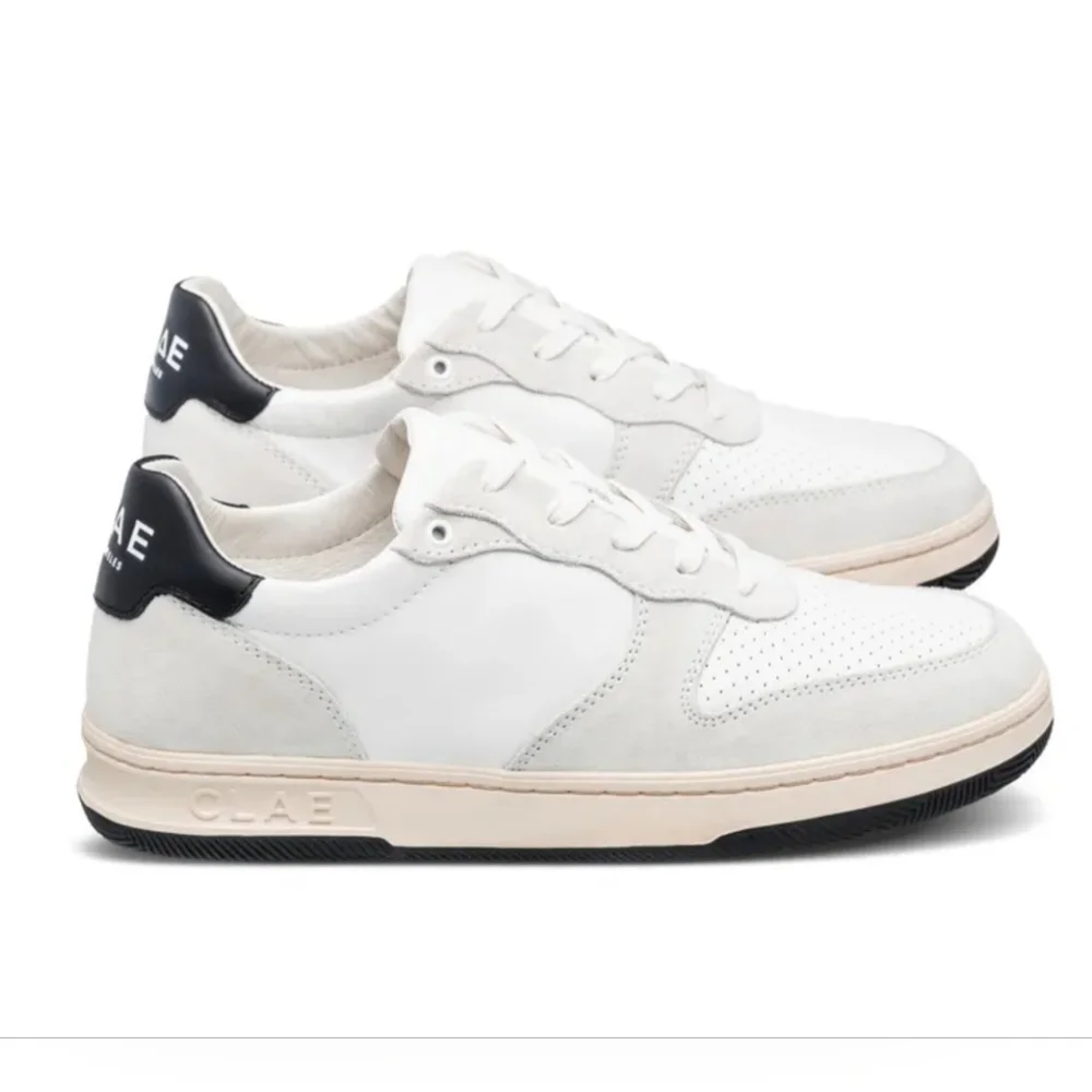 Clae Malone Leather White and Black Casual Sneakers NWT